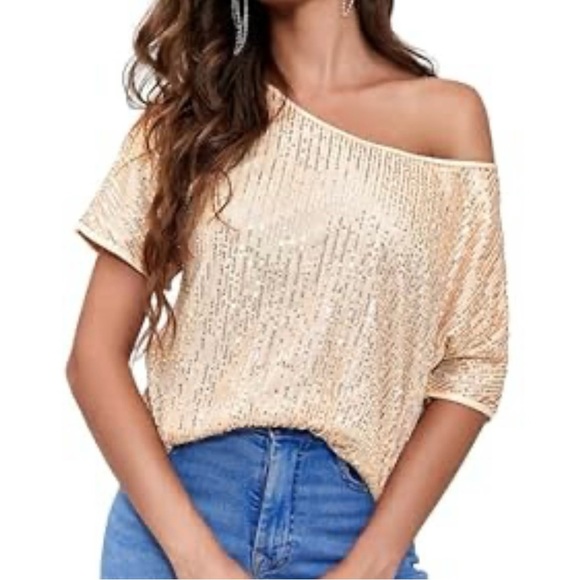 Mousya Women's Sequin Off-The-Shoulder Top-Gold-Size Medium - Picture 1 of 4